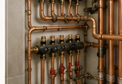 Copper pipework with a manifold and isolation valves.