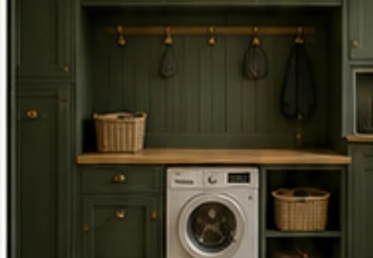 Sage-green utility room with washing machine, hooks and woven storage baskets.