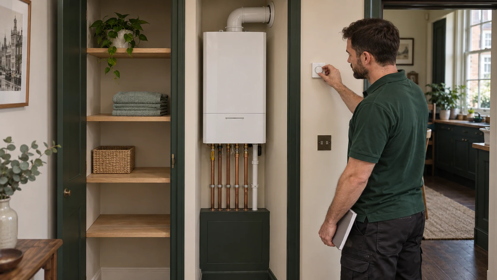Engineer adjusting controls beside a new combi boiler and reclaimed storage shelves.