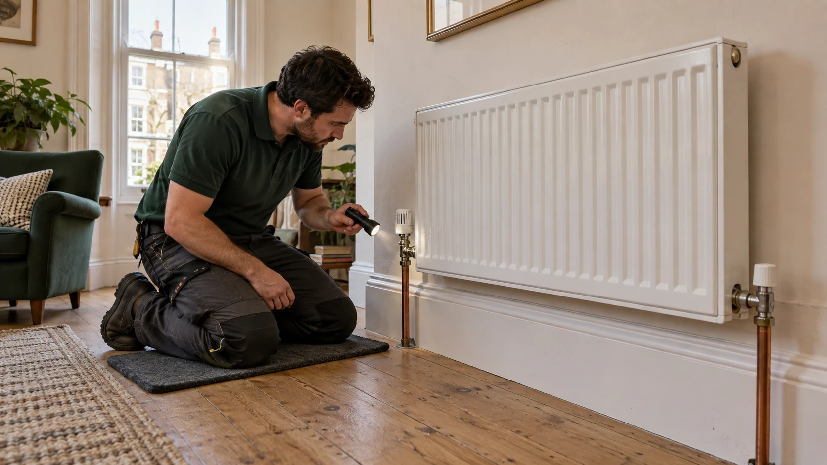 Heating engineer inspecting an existing radiator valve and copper pipe connection.