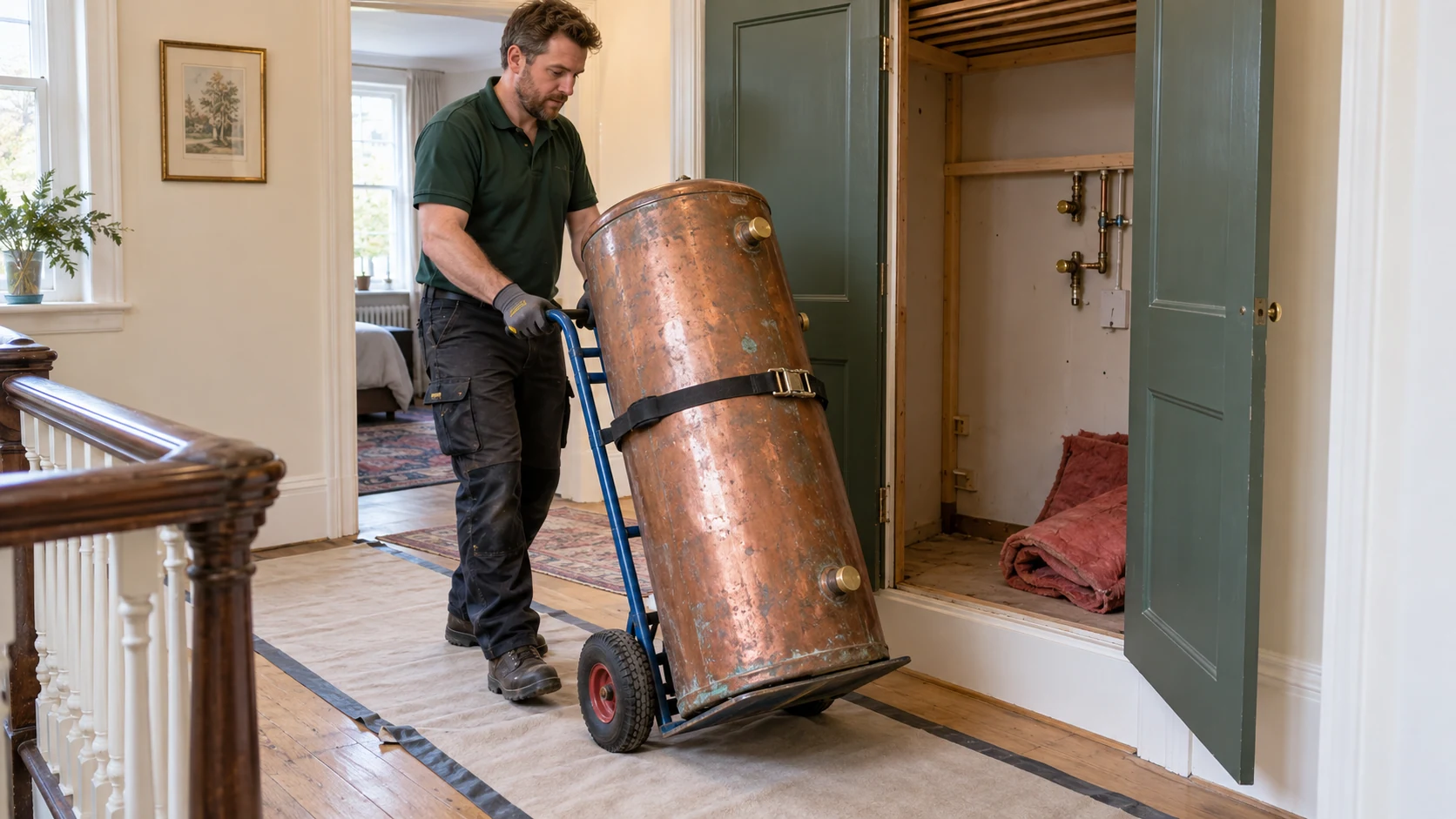 Installer removing a disconnected copper hot-water cylinder using a strapped sack truck.