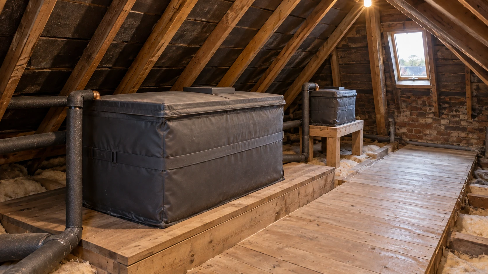 A large cold-water storage cistern and smaller feed-and-expansion cistern in a loft.