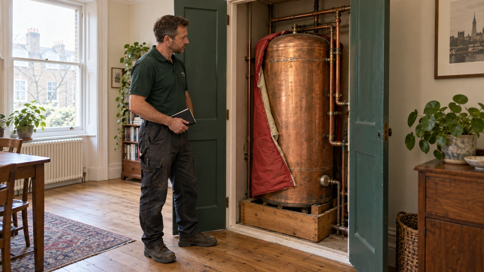 Heating engineer inspecting a copper hot-water cylinder before a conventional-to-combi conversion.