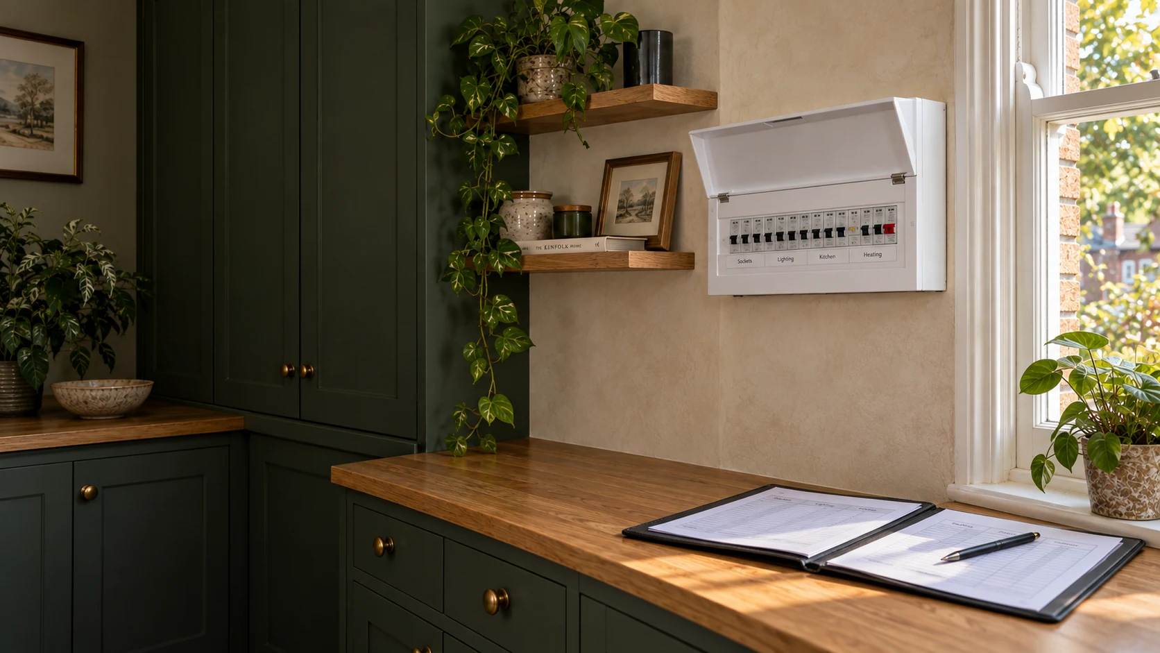 Completed consumer unit with circuit identification and an open folder of electrical records on the counter