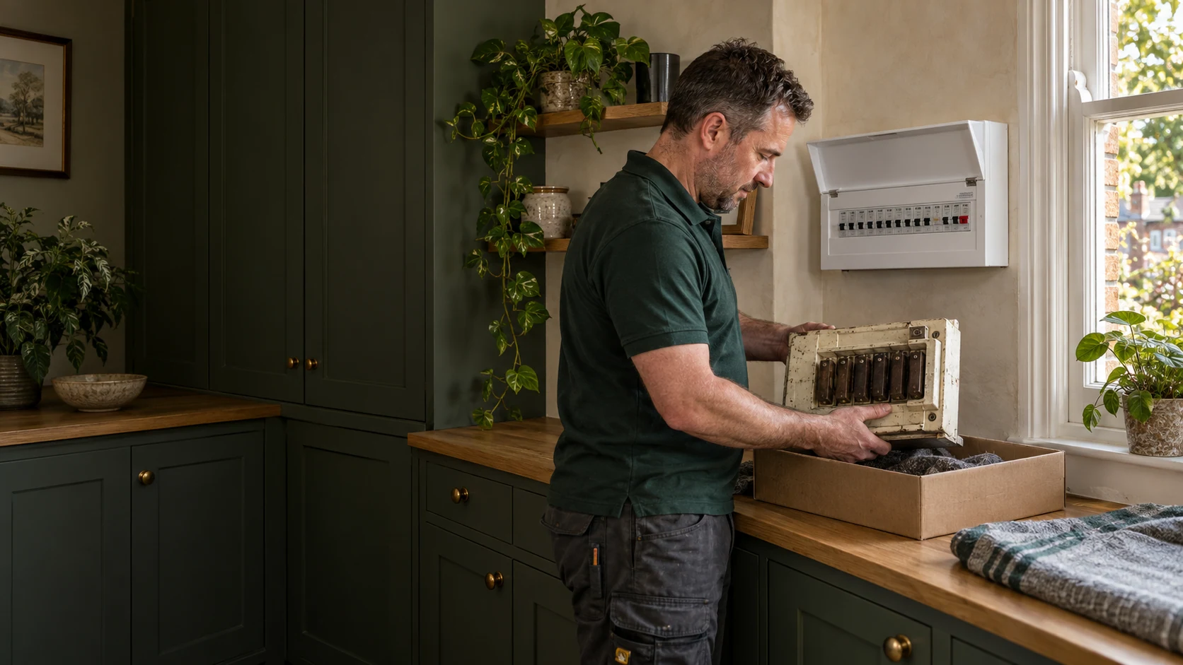 Electrician placing a removed old fuseboard into a box beside the newly installed consumer unit