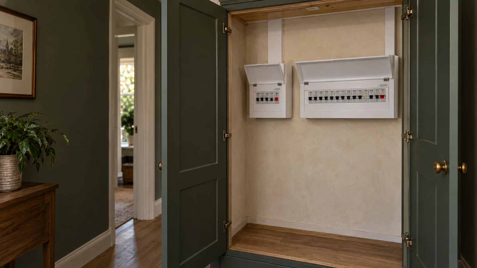 A main consumer unit and a smaller separate secondary board inside an accessible utility cupboard