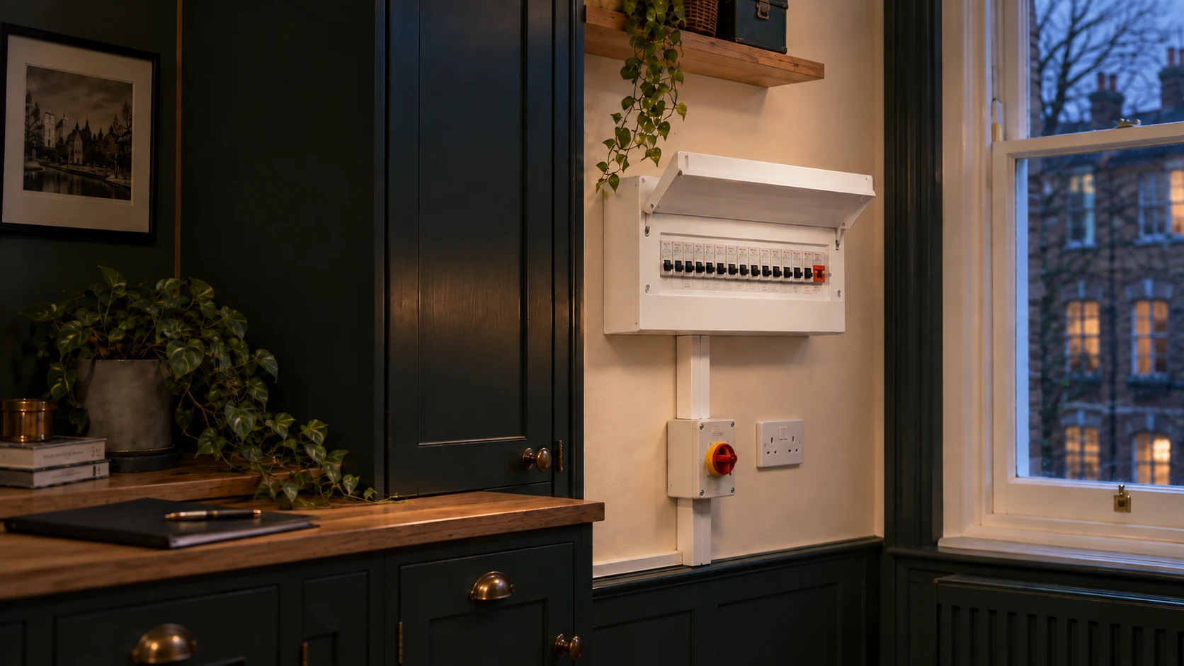 Completed white consumer unit with individual circuit devices in a Little Venice-inspired interior