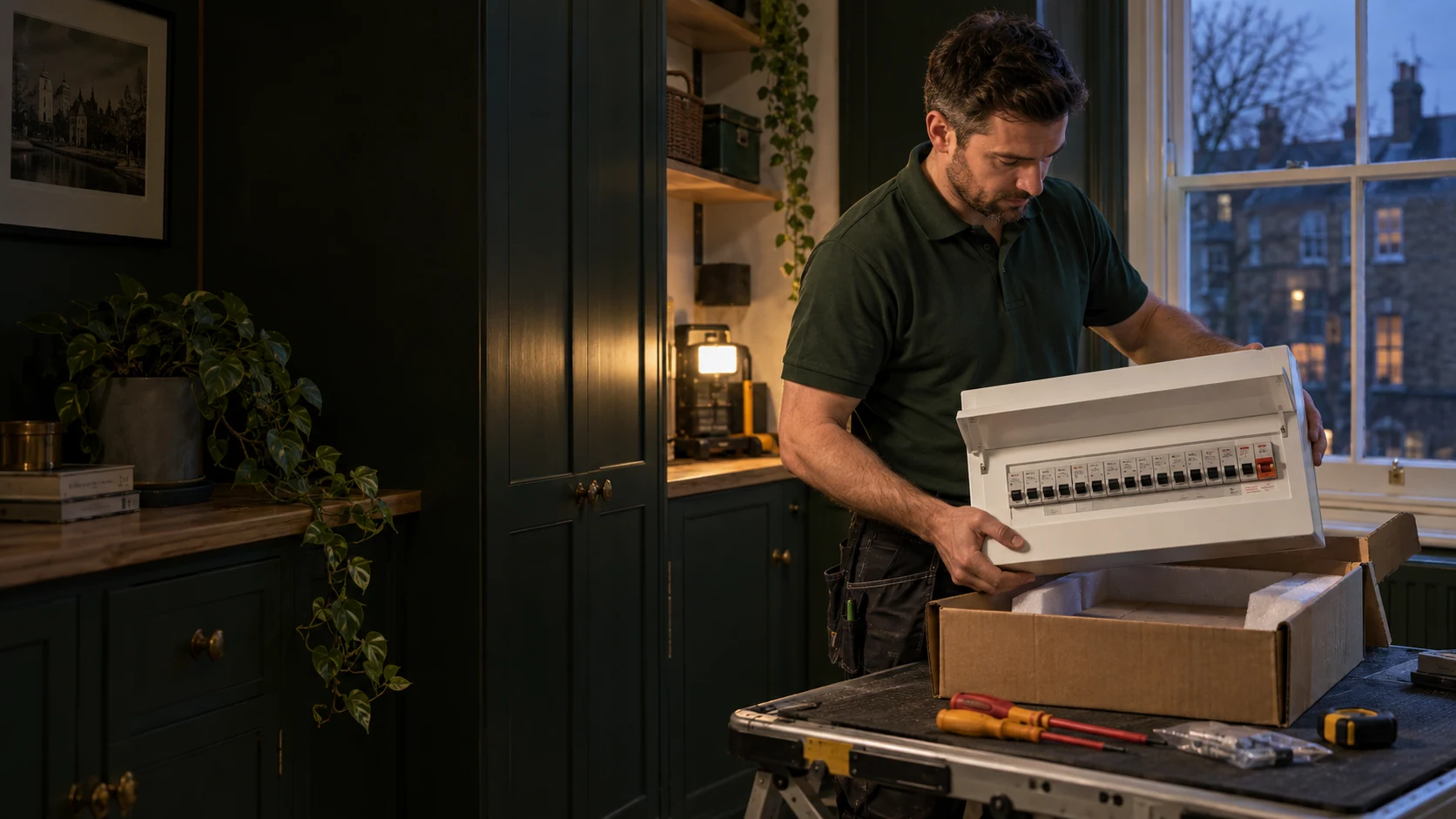 Electrician unpacking a new consumer unit in a Little Venice-inspired room at twilight
