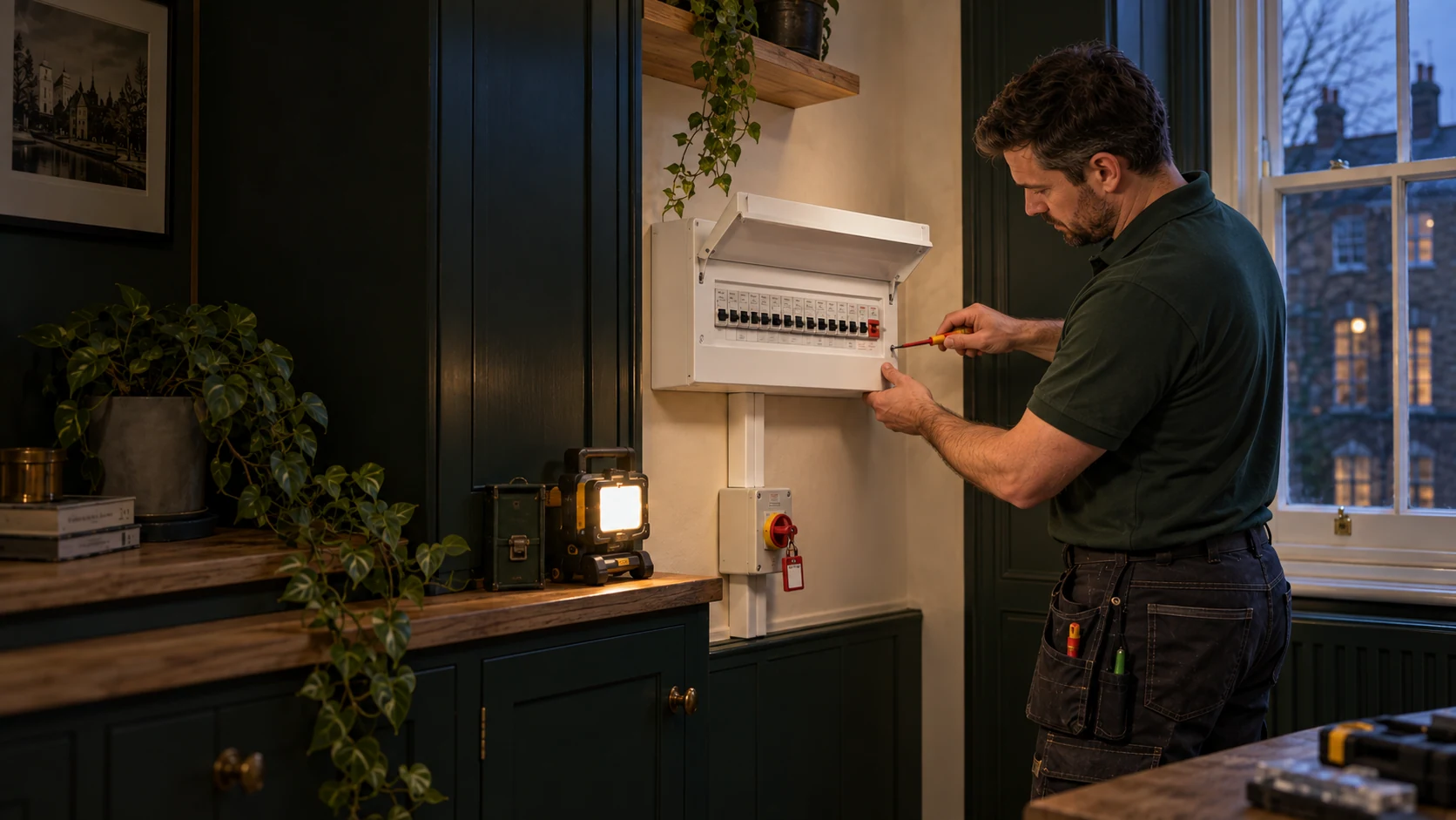 Electrician fastening the front cover of a new consumer unit in a green utility room