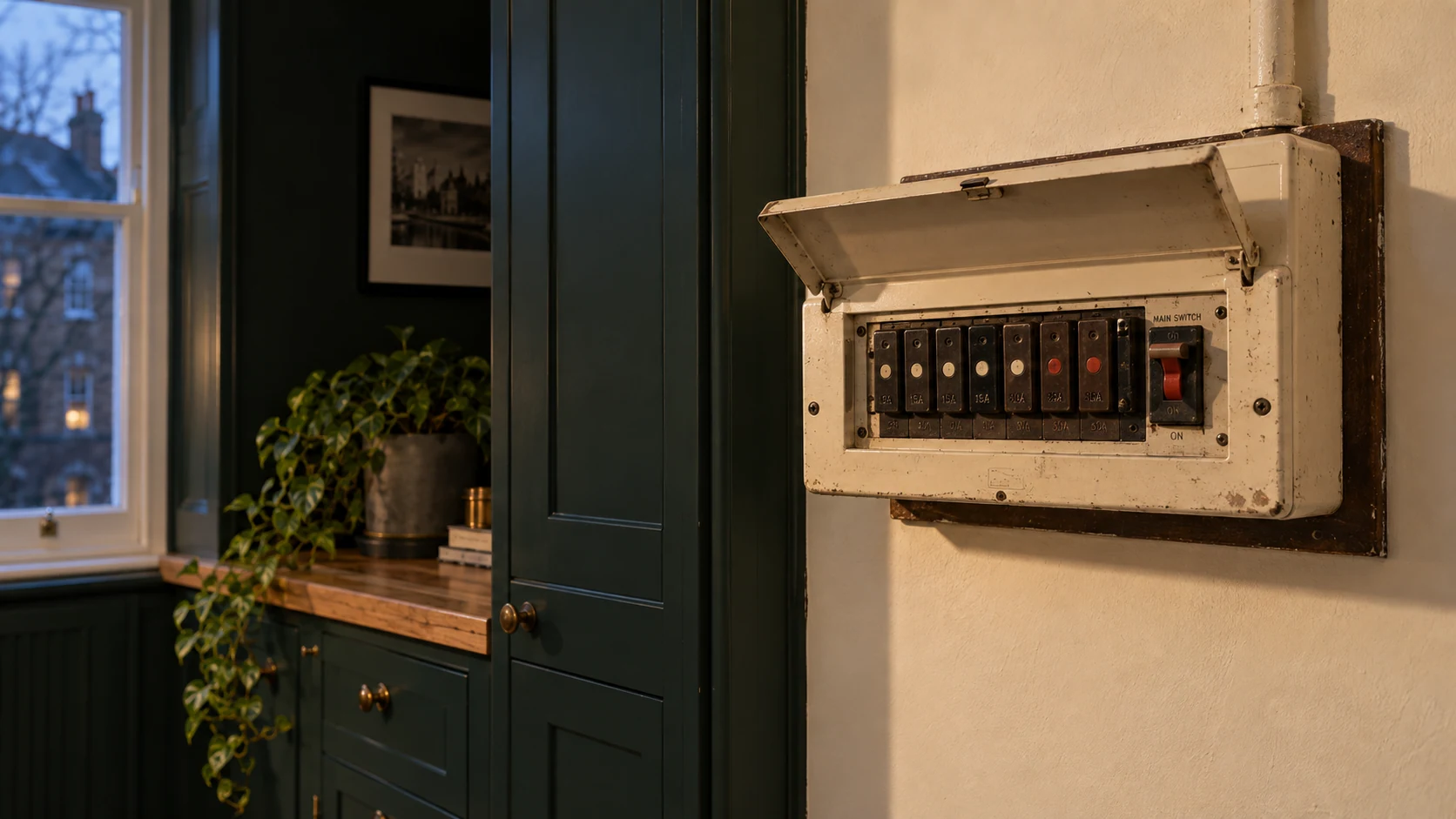 An older cream fuseboard with covered fuse carriers beside dark-green cabinetry