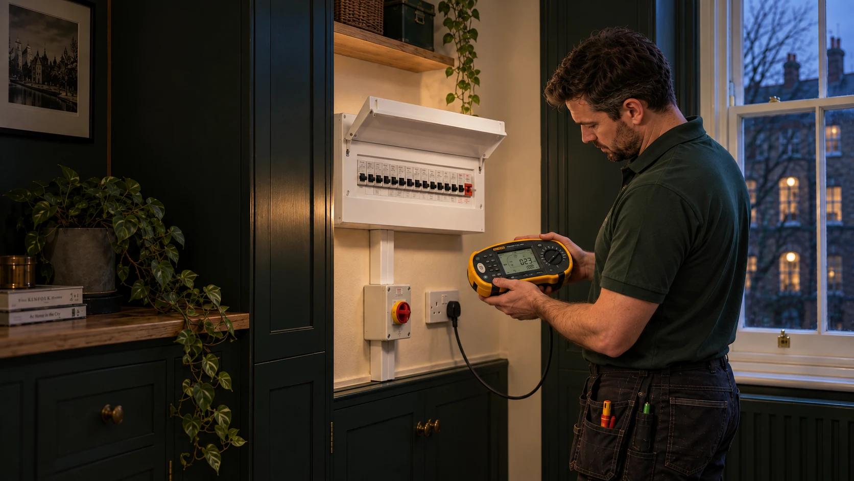 Electrician checking a yellow Fluke installation tester beside the replacement consumer unit