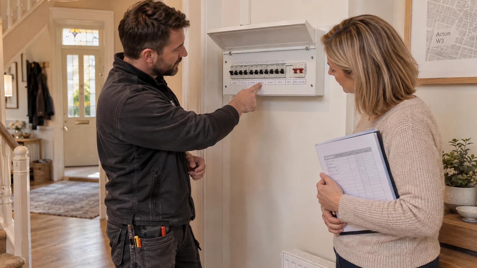 Electrician explaining the circuit schedule beside a completed consumer unit to a homeowner