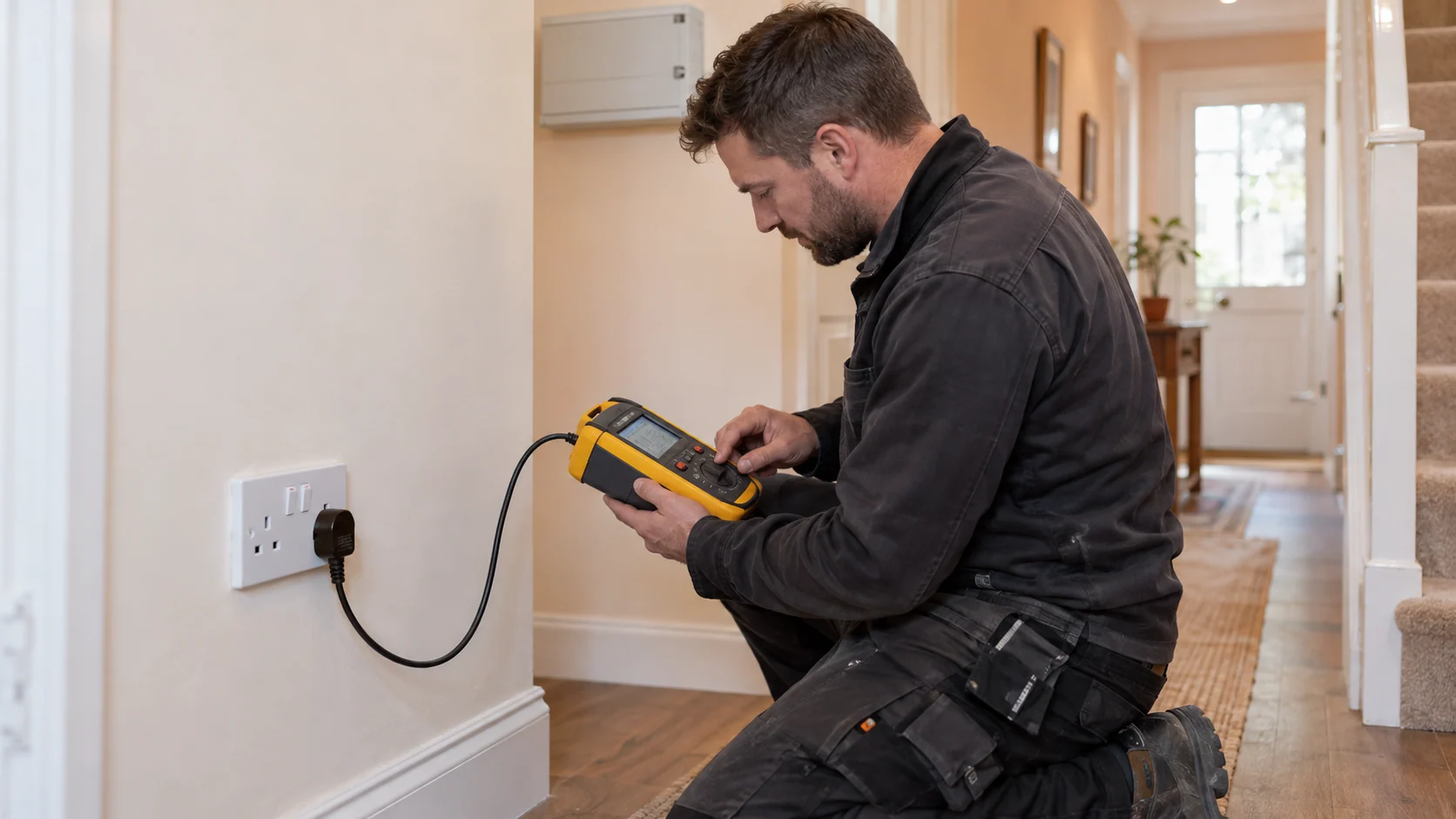 Electrician using a multifunction installation tester connected to a UK socket