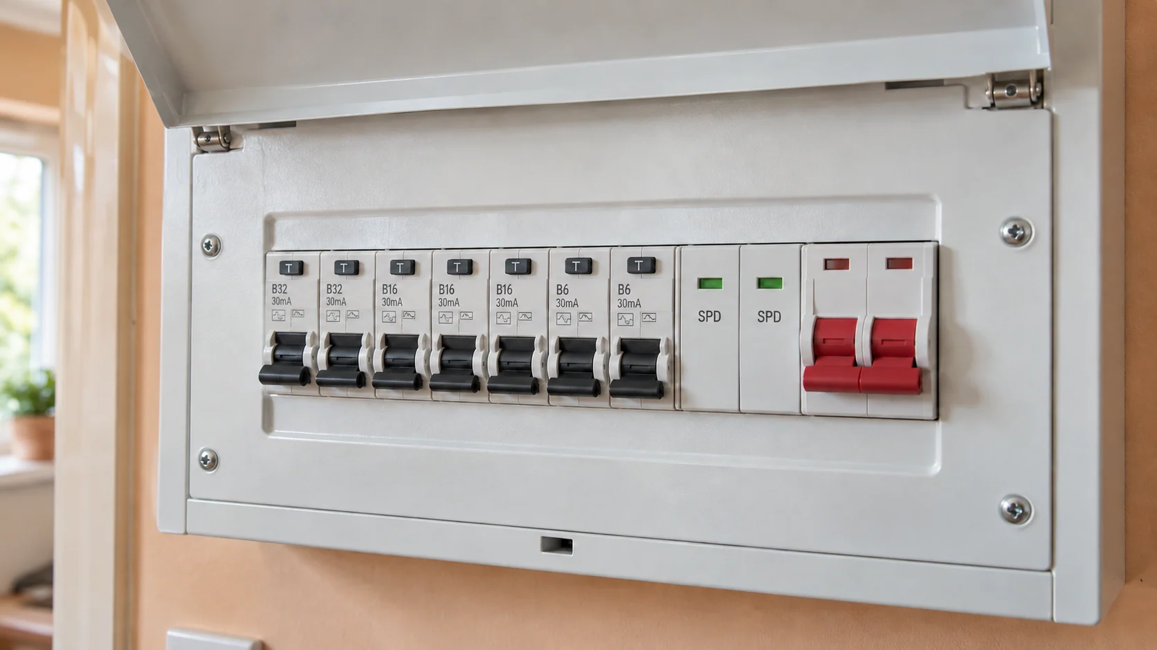 Close-up of individual circuit protective devices and a surge protection module in a metal consumer unit
