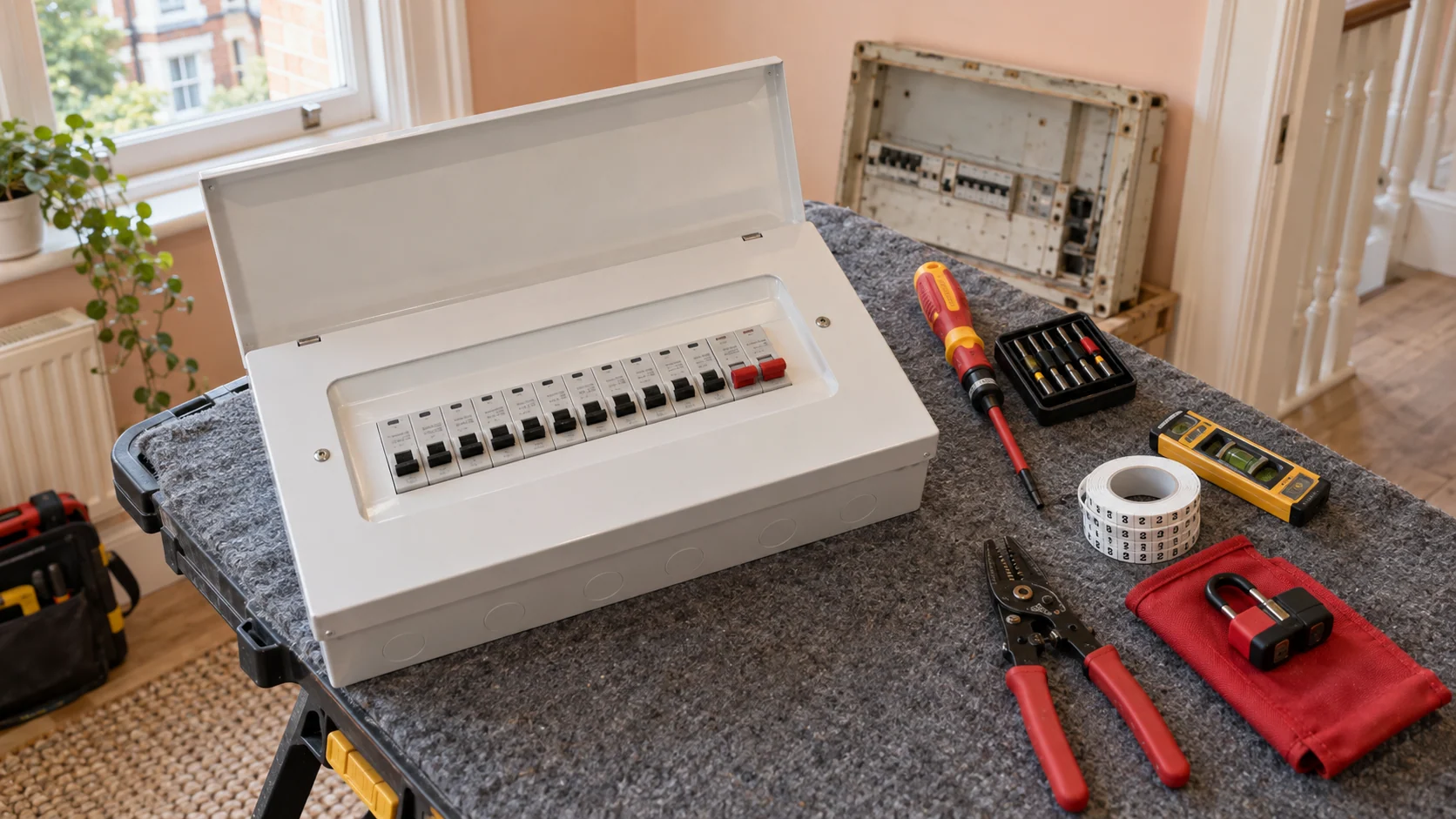 New metal consumer unit and insulated tools prepared on a protected work surface