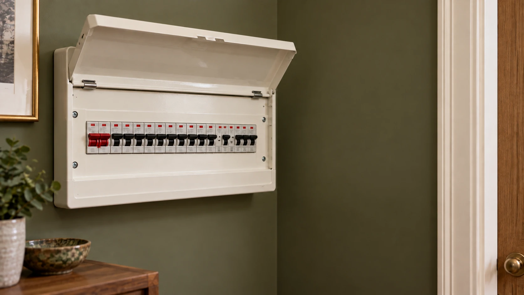Detail of the completed wide metal consumer unit with its protective front cover fitted