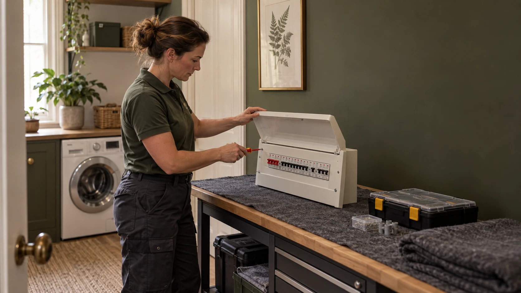 Electrician preparing the wide replacement consumer unit on a protected workbench