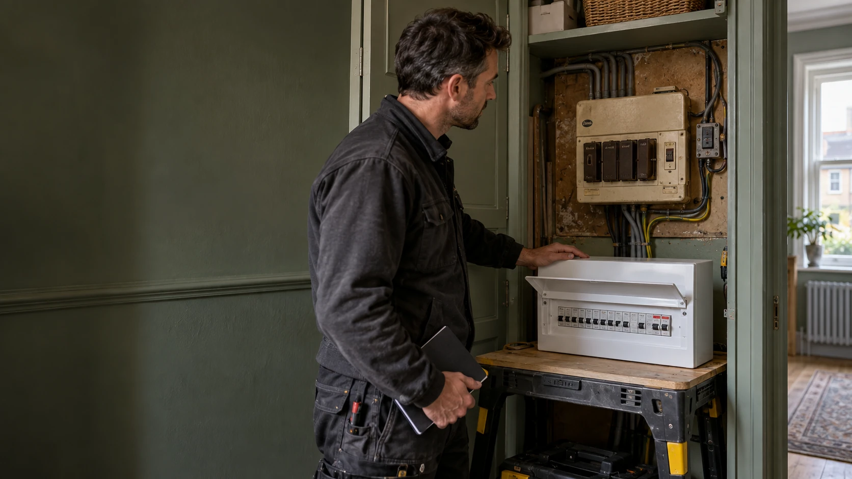 Electrician assessing an older fuse box beside a new metal consumer unit