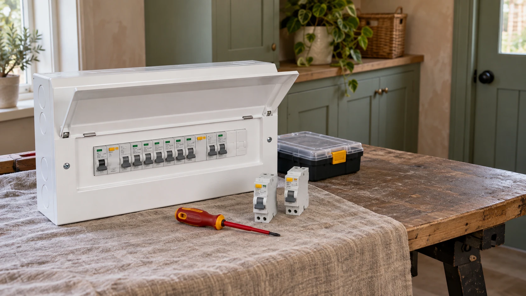 New consumer unit, protective devices and an insulated screwdriver on a workbench