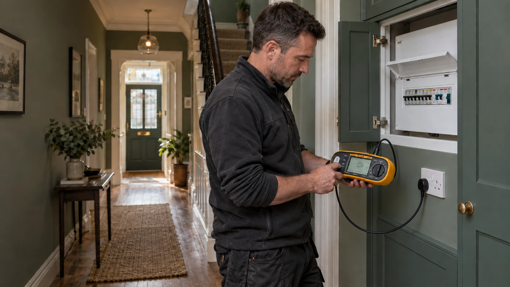 Electrician testing a socket circuit with a yellow Fluke installation tester beside a consumer unit