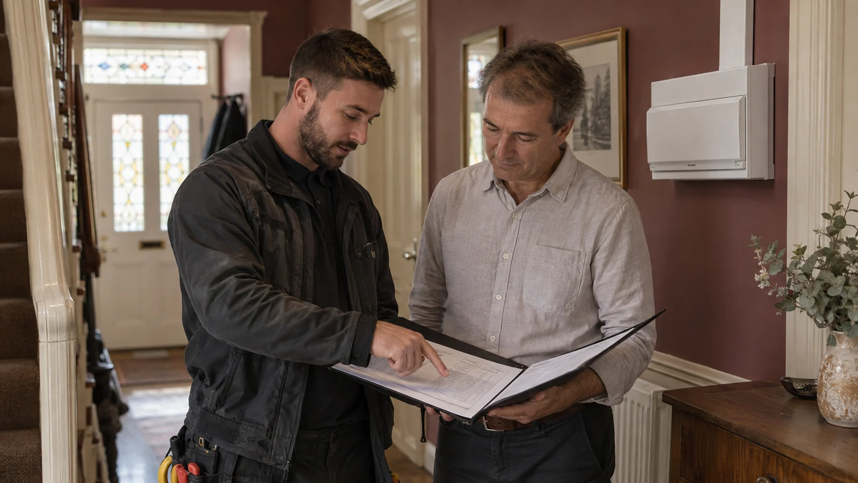 Electrician explaining the circuit schedule and installation documents to a homeowner