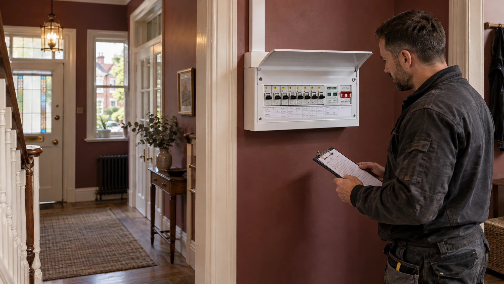 Electrician checking a wall-mounted consumer unit in a burgundy-painted hallway