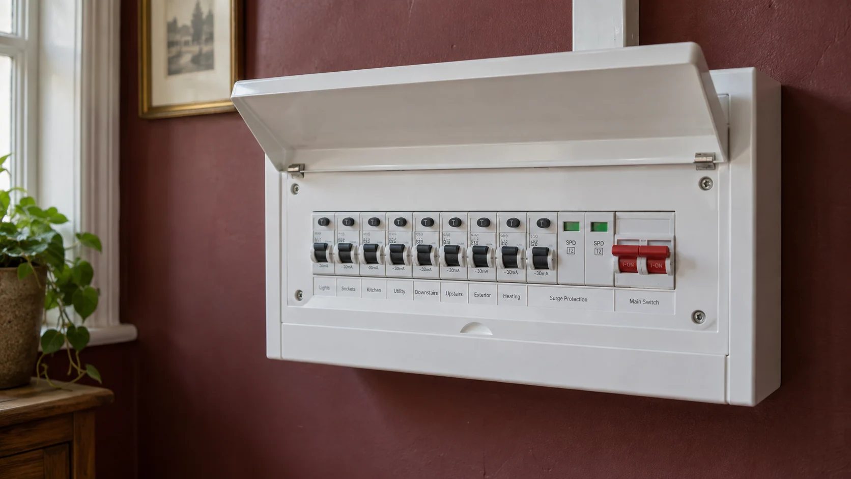 Close-up of a metal consumer unit with individual circuit protection and surge protection