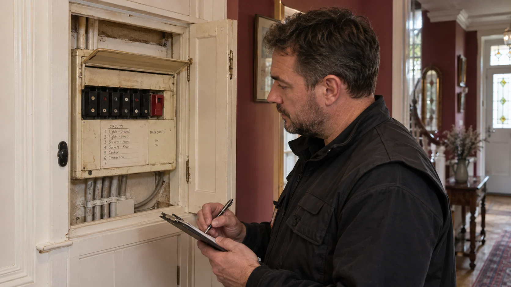 Electrician examining an older fuse box in a period hallway