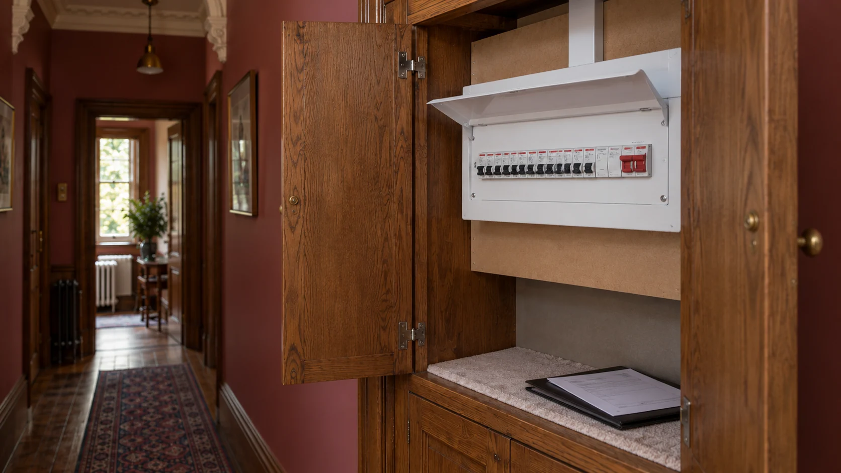 Completed metal consumer unit in an accessible oak cupboard with a circuit schedule and paperwork on the shelf