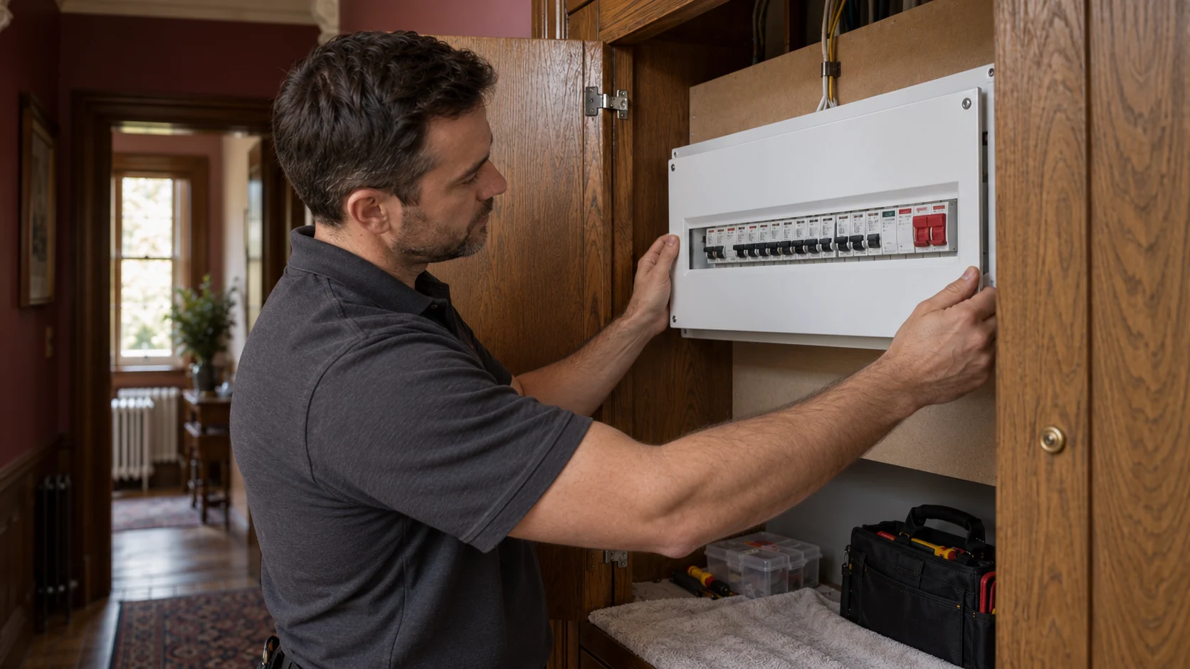 Electrician fitting the protective front cover to a replacement consumer unit in an oak cupboard