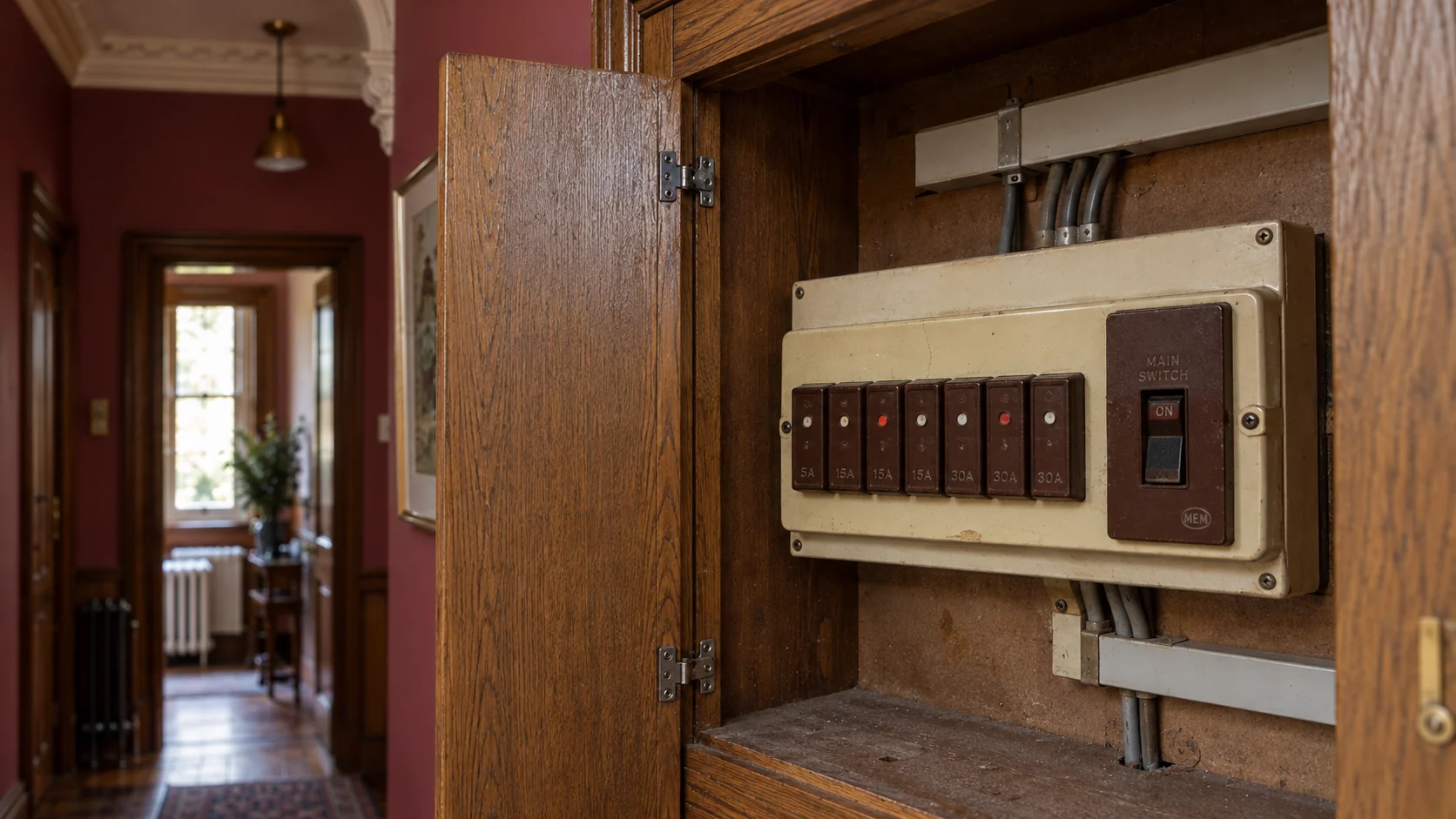 Older enclosed fuse box with rewireable fuse carriers inside a timber electrical cupboard