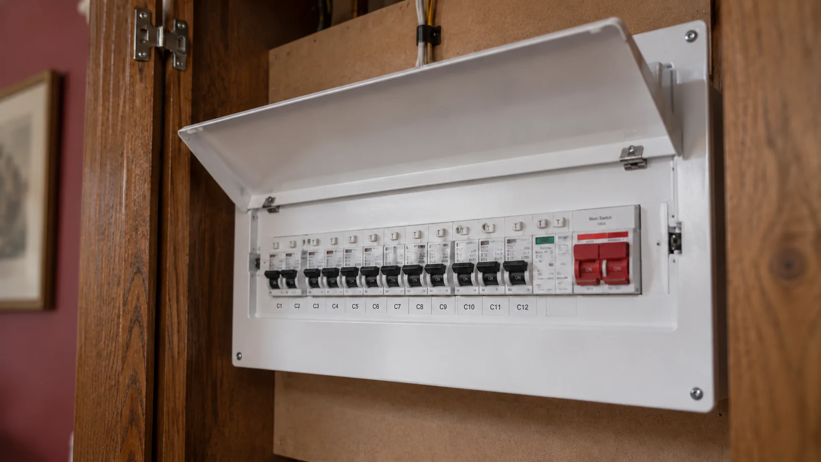 Close-up of the protective devices and red main switch in a metal consumer unit