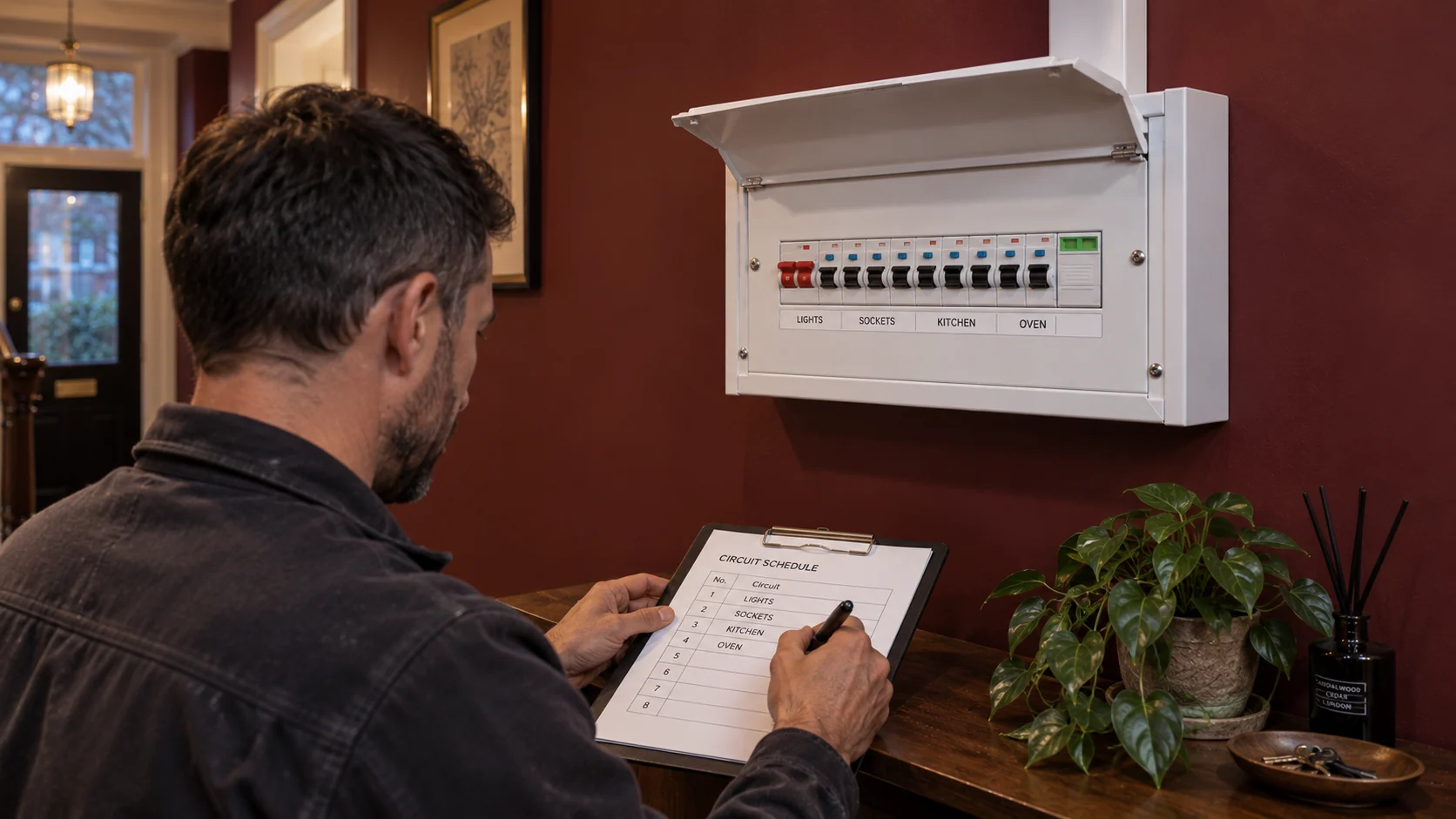 Electrician completing the circuit schedule beside a finished and labelled consumer unit