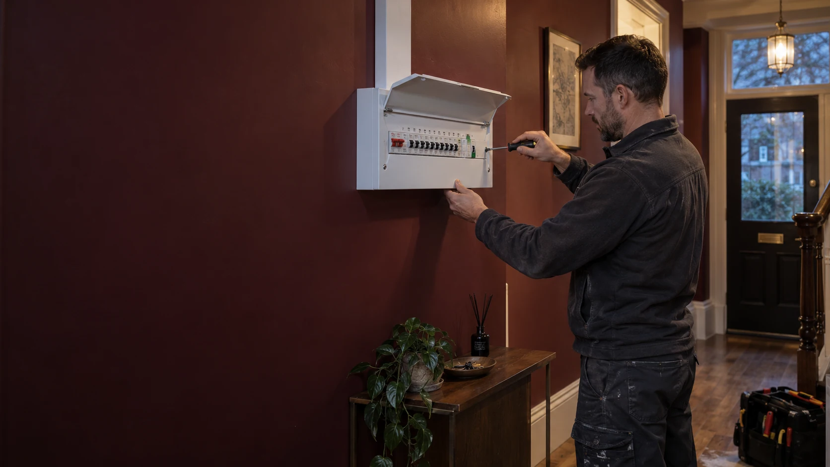 Electrician fitting the front cover of a metal consumer unit in a burgundy-painted hallway