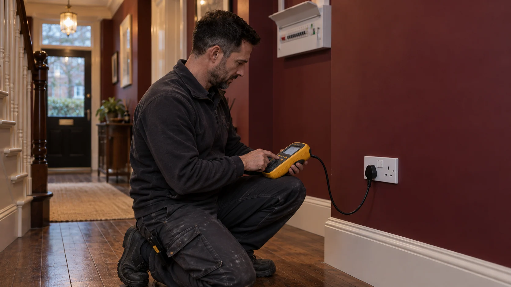 Electrician testing a UK socket circuit with a yellow Fluke installation tester