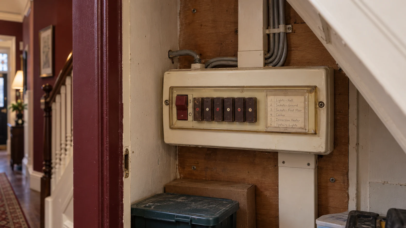 Older UK fuseboard in a domestic cupboard before an electrical assessment