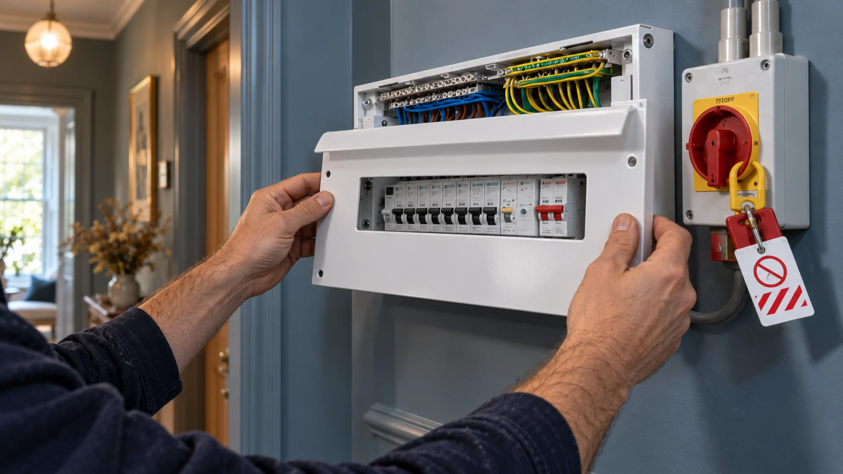 Electrician aligning the metal front cover on a replacement consumer unit