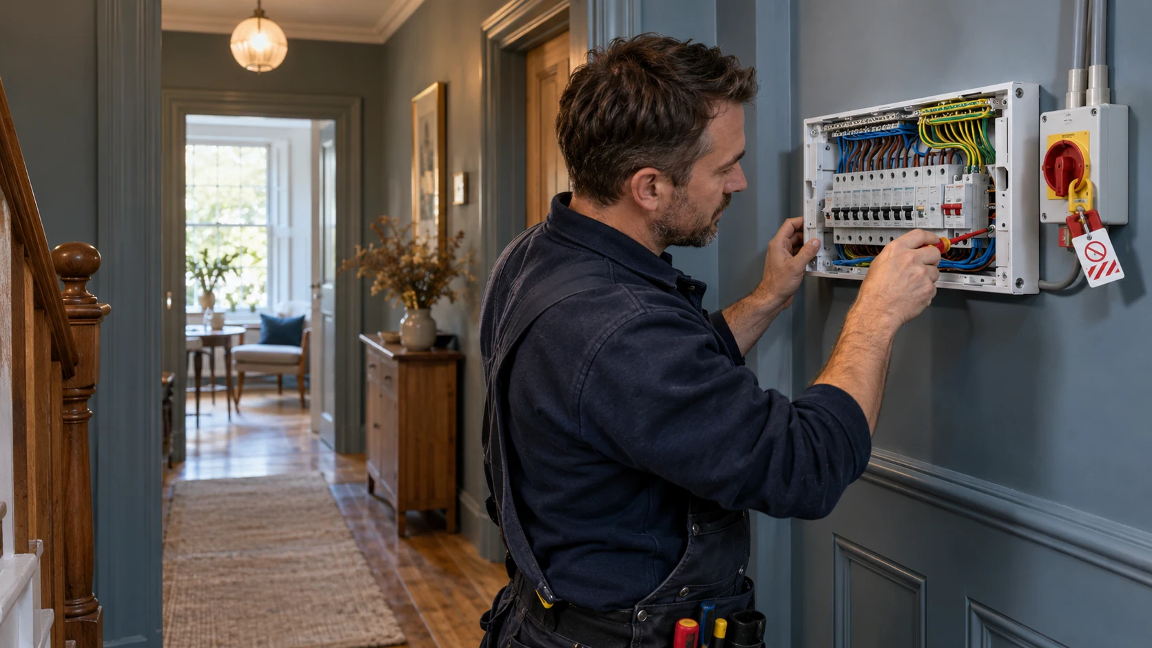Electrician working on an open metal consumer unit in a blue-grey hallway