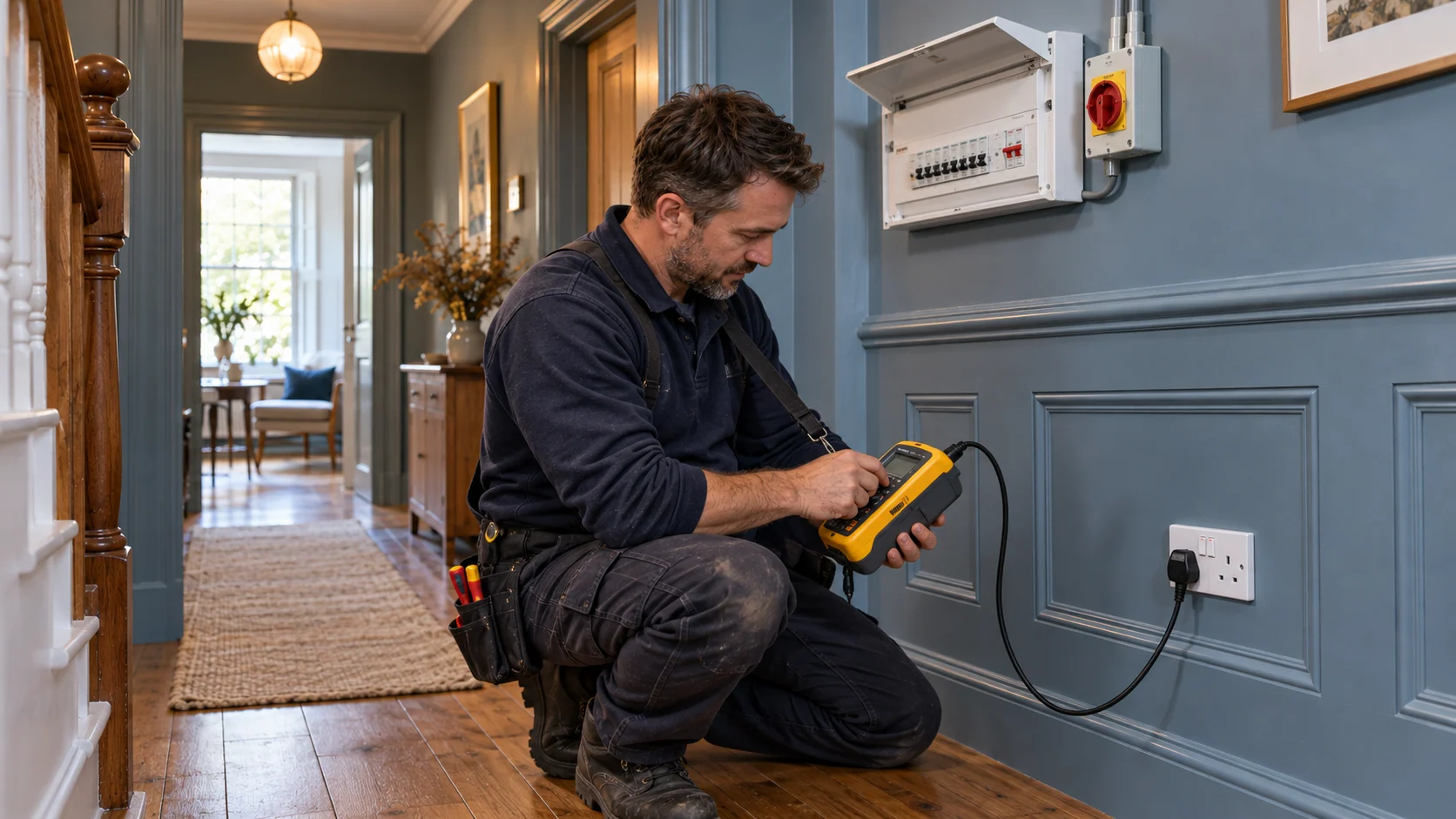Electrician checking an installation with a yellow tester connected to a socket