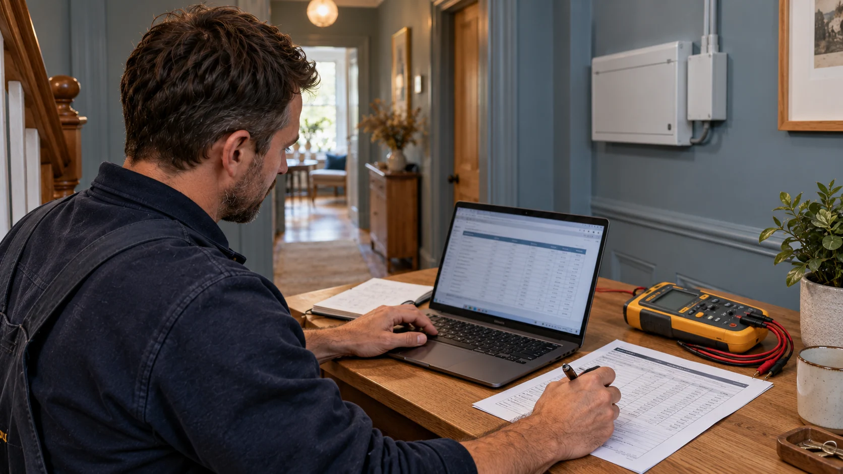 Electrician recording installation results at an oak table beside a finished electrical installation