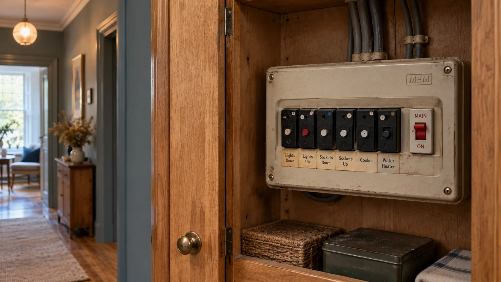 Older fuse box in a timber-lined electrical cupboard before assessment