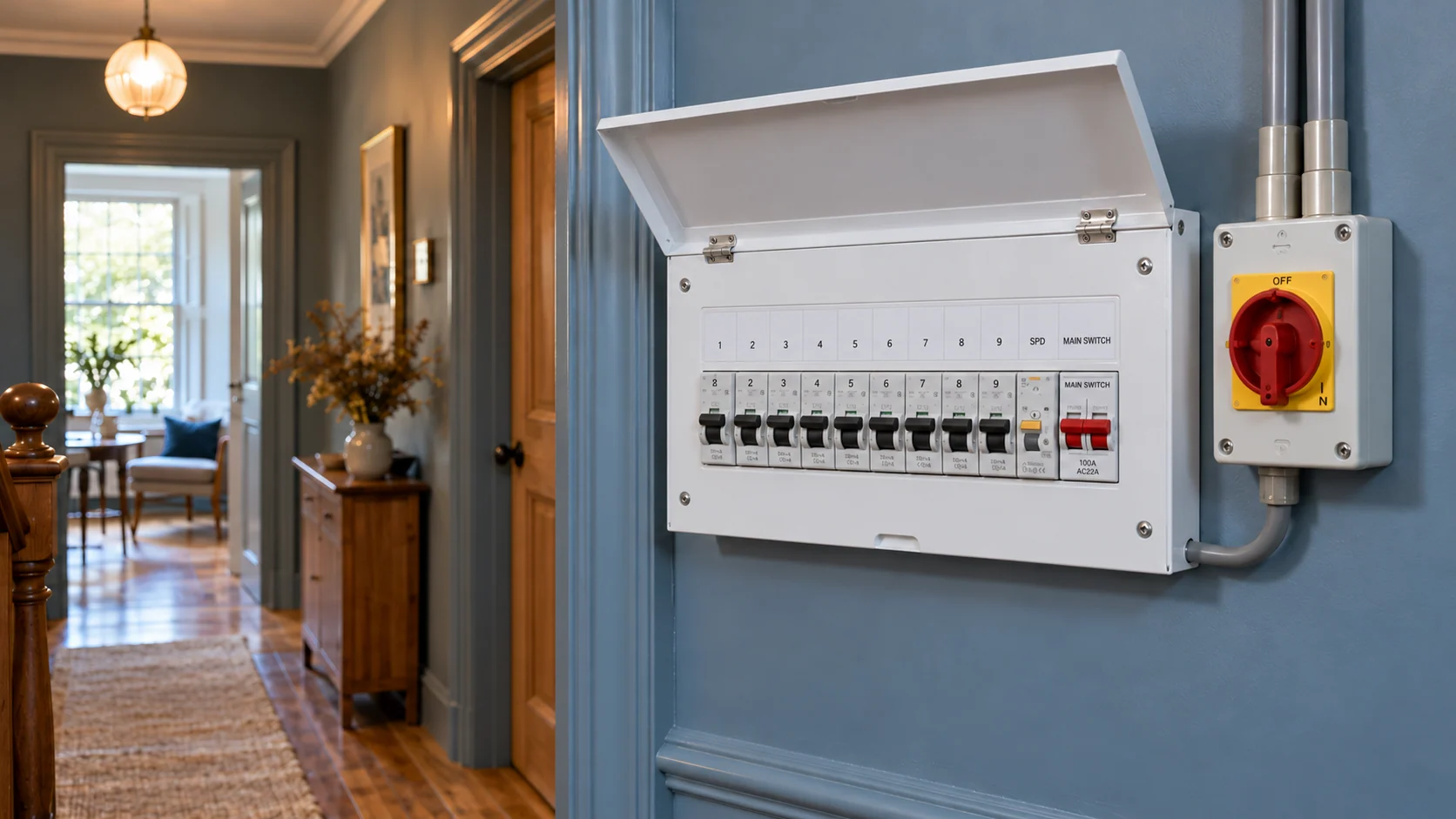 Completed metal consumer unit with labelled protective devices on a blue-grey wall