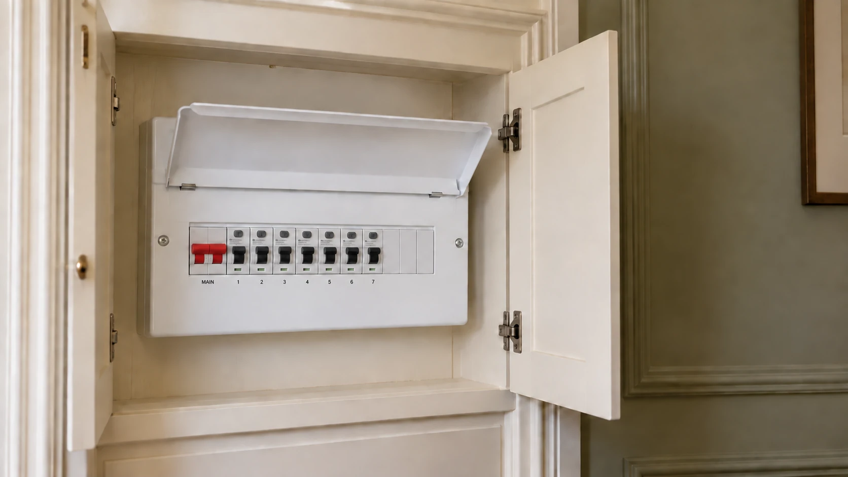 New metal consumer unit with numbered circuit devices and clear access inside fitted joinery