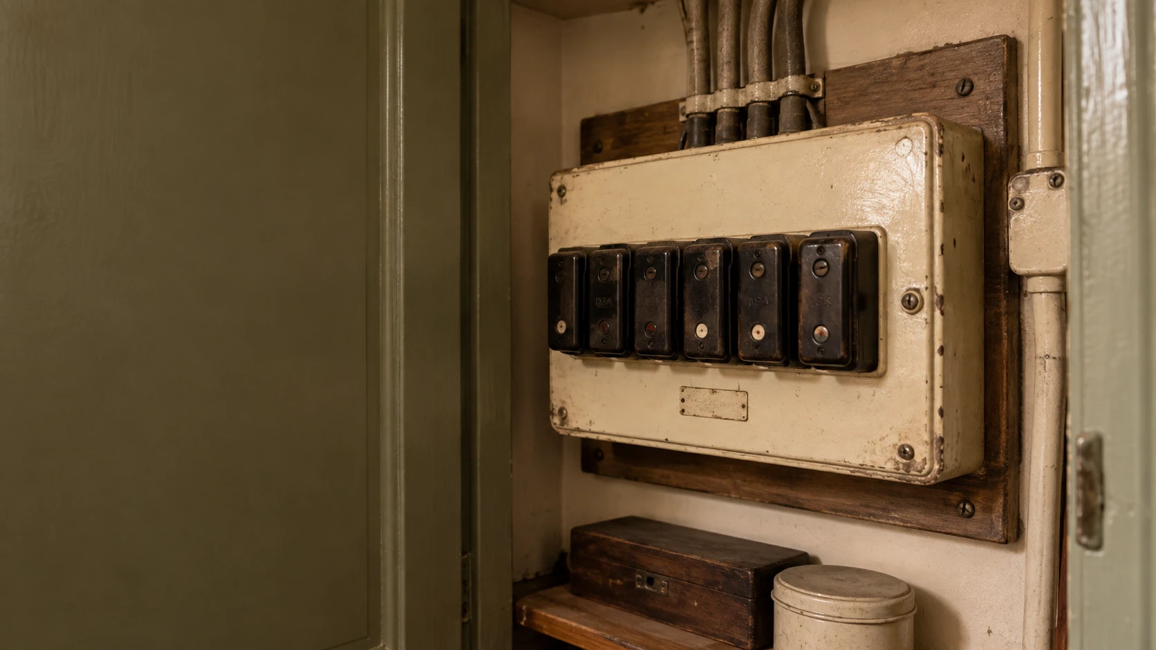 Older cream fuse box with dark fuse carriers mounted inside an electrical cupboard