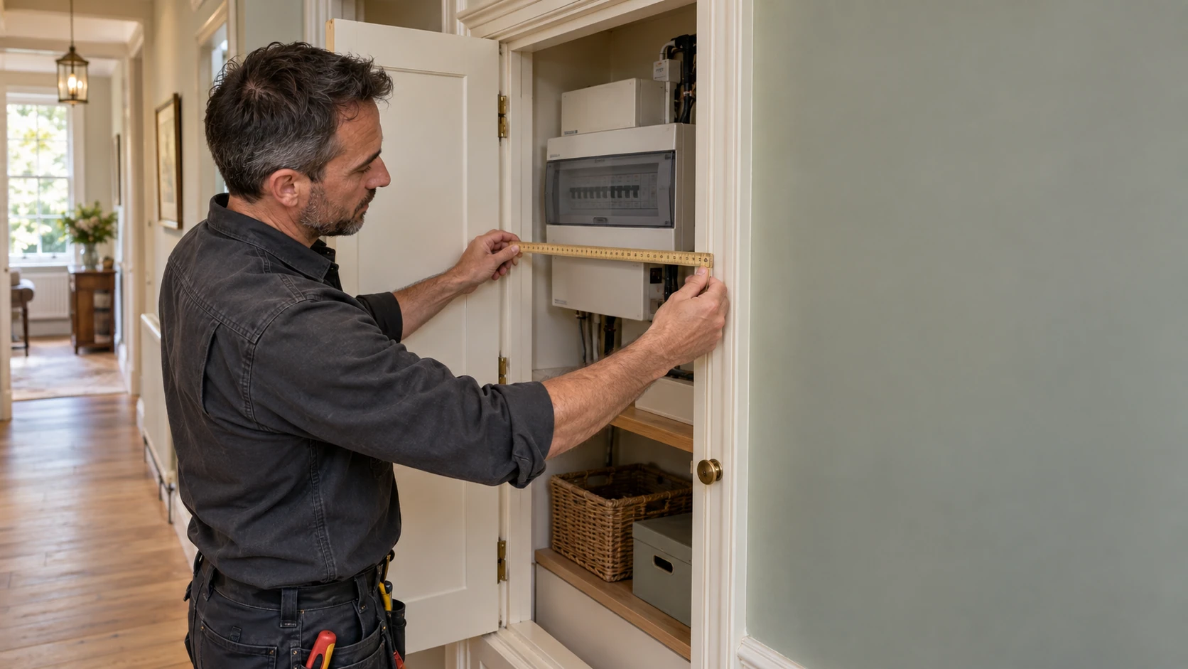 Electrician measuring the clear opening of an electrical cupboard before a consumer unit replacement
