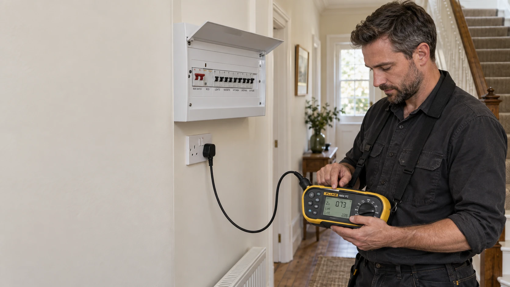 Electrician checking a circuit with a yellow Fluke installation tester beside a covered consumer unit