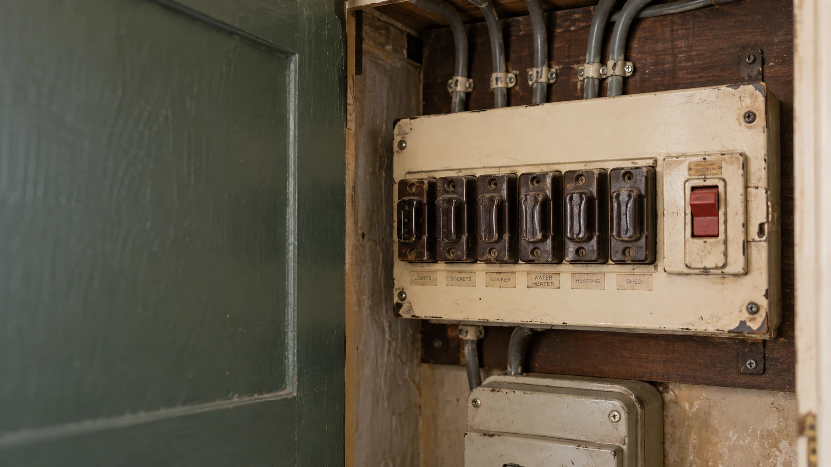 Older domestic fuse board with Bakelite fuse carriers in a timber electrical cupboard