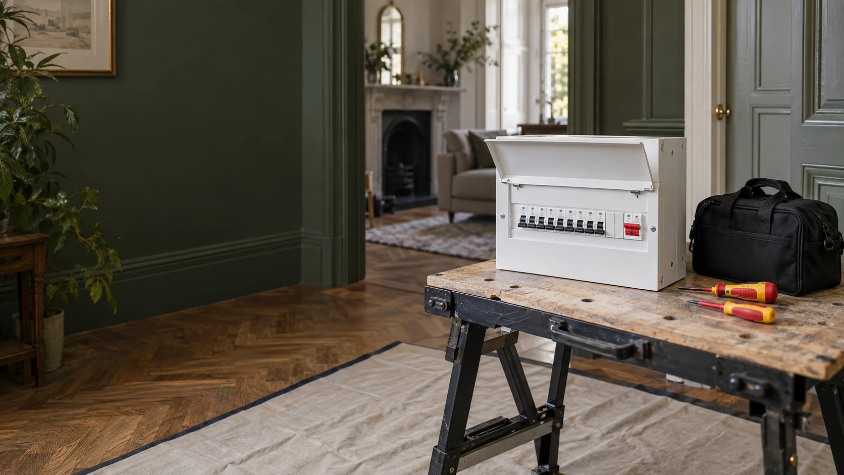 New metal consumer unit and insulated tools prepared on a protected workbench