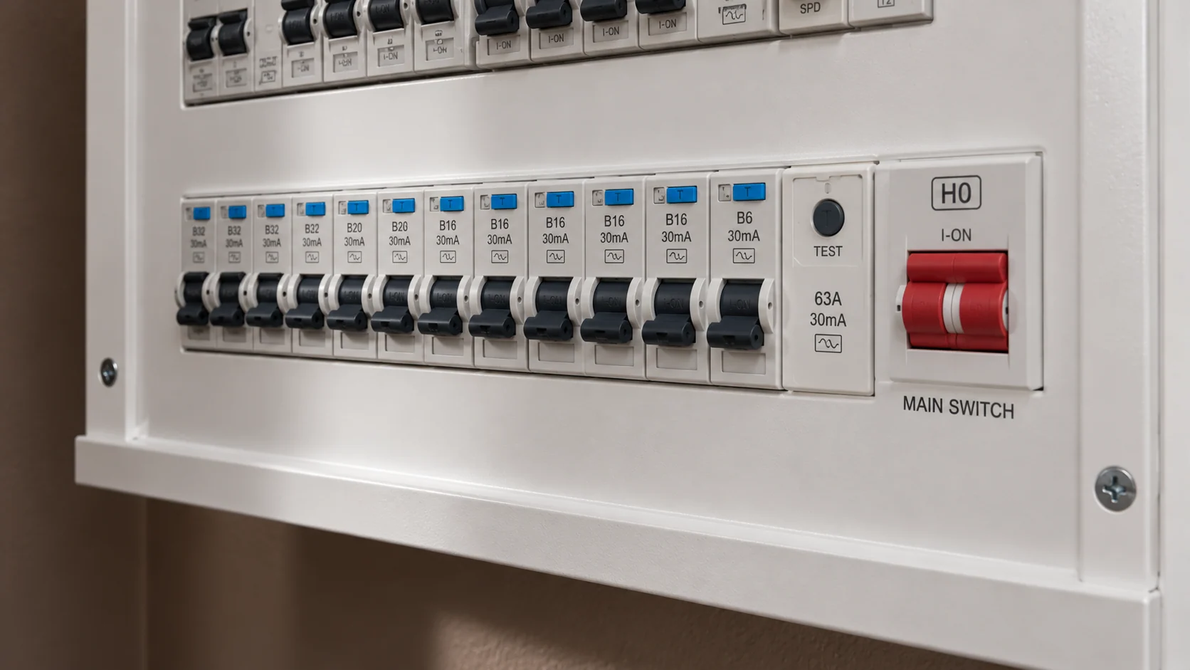 Close-up of protective devices in a two-row metal consumer unit with the front safety cover fitted.