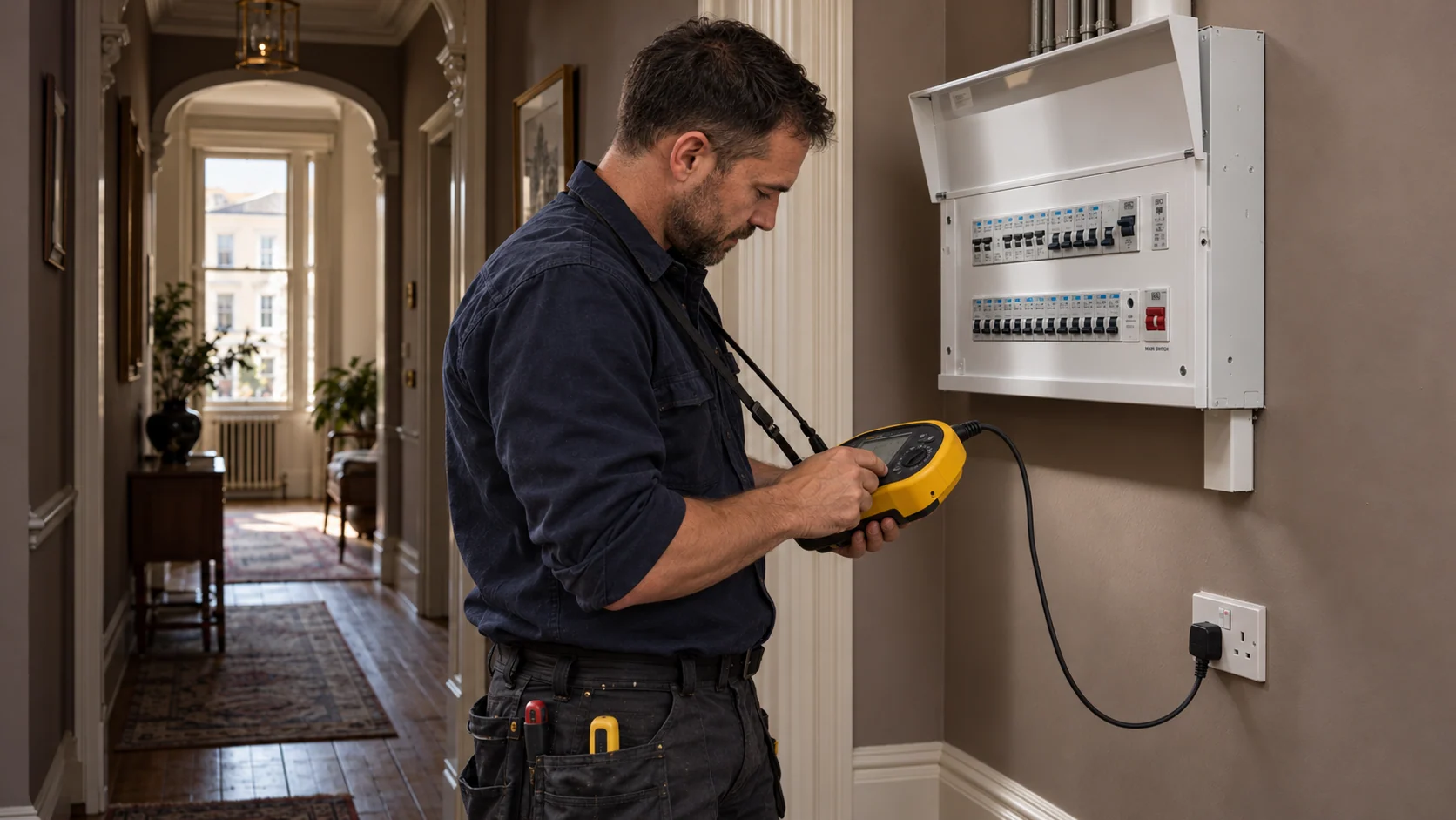 Electrician using a yellow multifunction installation tester at a UK socket after consumer unit work.
